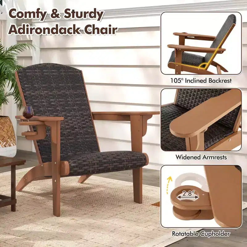 Costway Patio Adirondack Chair with Rattan Padded Seat Wide Armrests & Hidden Cupholder Black/Brown/Gray/White