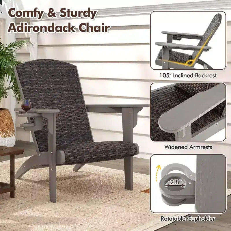 Costway Patio Adirondack Chair with Rattan Padded Seat Wide Armrests & Hidden Cupholder Black/Brown/Gray/White