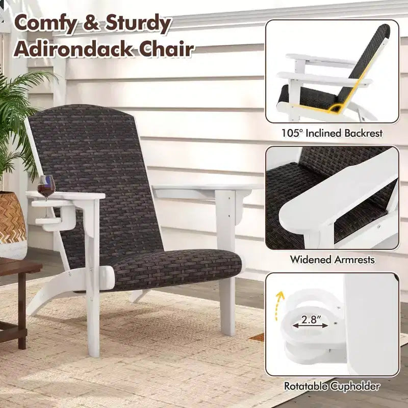 Costway Patio Adirondack Chair with Rattan Padded Seat Wide Armrests & Hidden Cupholder Black/Brown/Gray/White