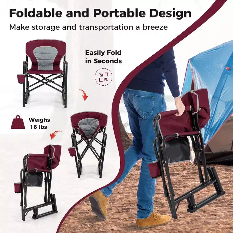 Sedia a Dondolo da Campeggio per Adulti Costway con Doppie Molle, Schienale Imbottito, Nero/Rosso