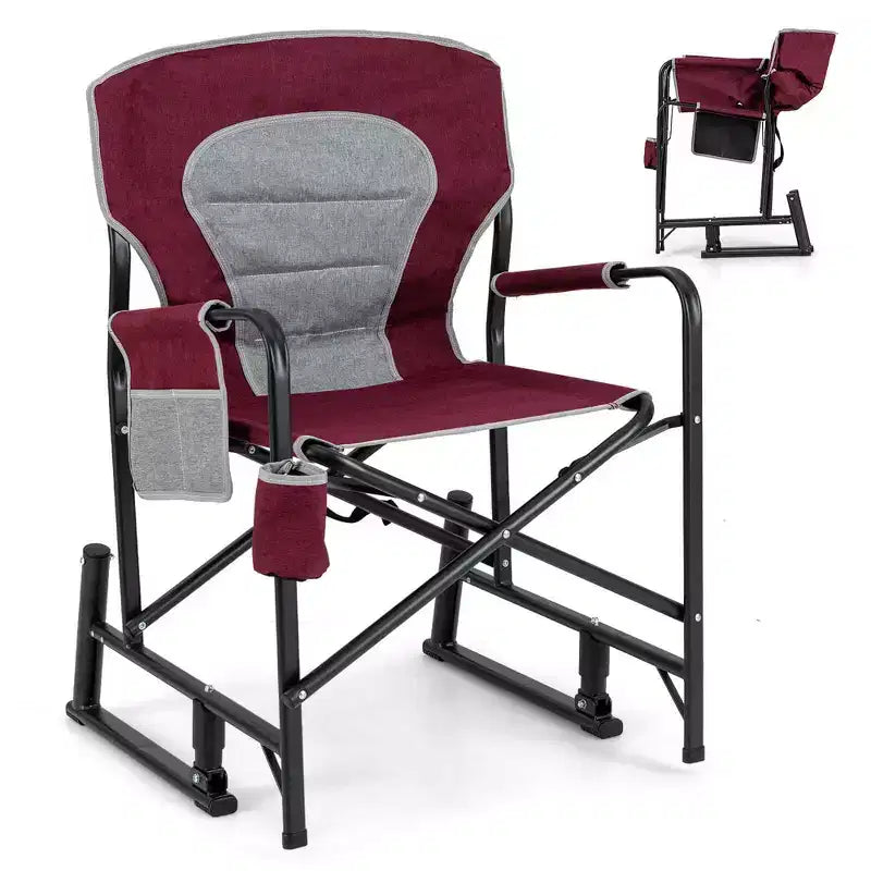 Sedia a Dondolo da Campeggio per Adulti Costway con Doppie Molle, Schienale Imbottito, Nero/Rosso