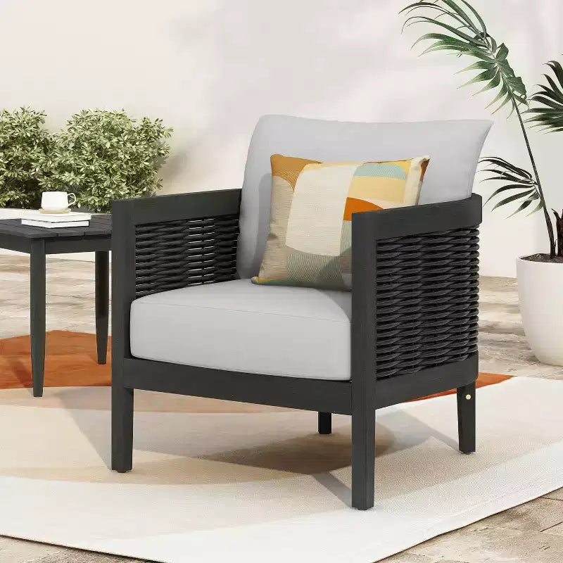 Christopher Knight Home Burchett Outdoor Acacia Wood and Rattan Club Chair with Cushions