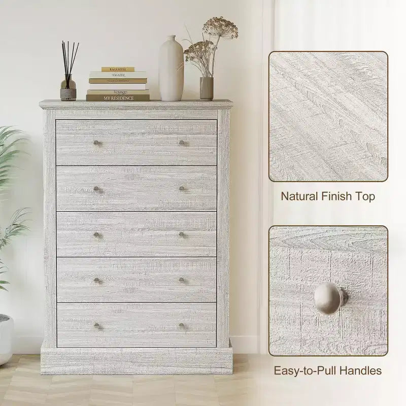 5-Drawer Farmhouse Chest of Drawers with Wood Top Dirty Oak