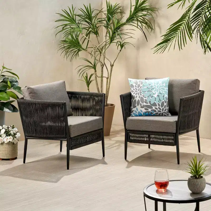 GDFStudio Sefora Outdoor Aluminum and Rope Club Chairs with Cushions (Set of 2), Black/Gray