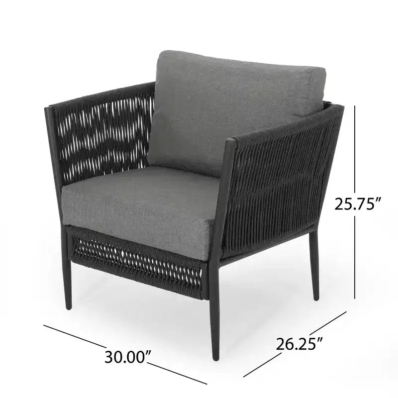 GDFStudio Sefora Outdoor Aluminum and Rope Club Chairs with Cushions (Set of 2), Black/Gray
