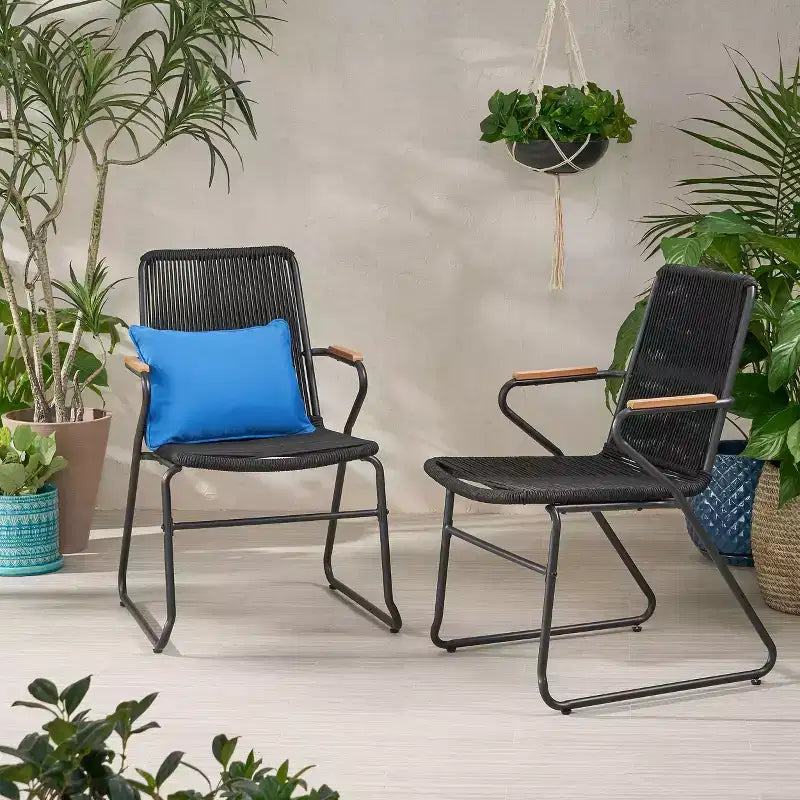 GDFStudio Miriam Outdoor Iron and Rope Weave Club Chairs (Set of 2), Black