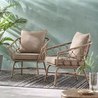 GDFStudio Colmar - Poltrone da club da esterno in vimini e ferro con cuscini (set da 2), marrone chiaro/beige