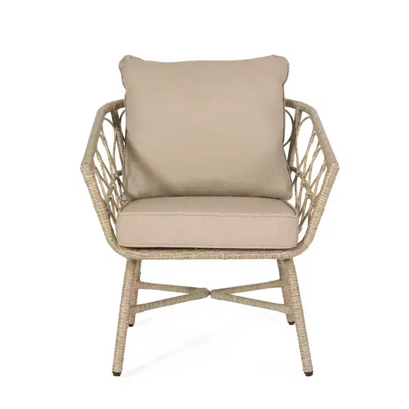 GDFStudio Colmar - Poltrone da club da esterno in vimini e ferro con cuscini (set da 2), marrone chiaro/beige