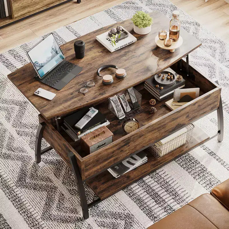 Tavolino da caffè Bestier 42 con piano sollevabile, tavolino centrale ovale in legno con piano rialzabile per soggiorno