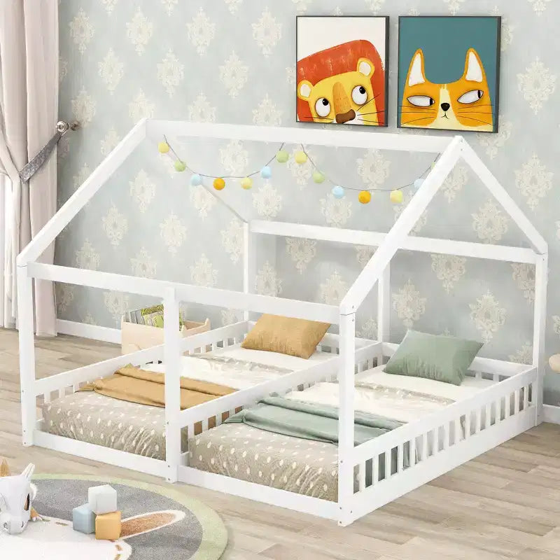 Whisen Morden Design Twin Size Wooden House Platform Beds with 2 Shared Beds