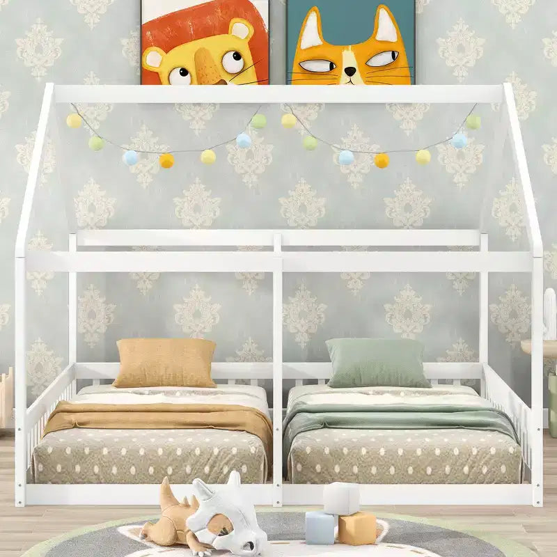 Whisen Morden Design Twin Size Wooden House Platform Beds with 2 Shared Beds