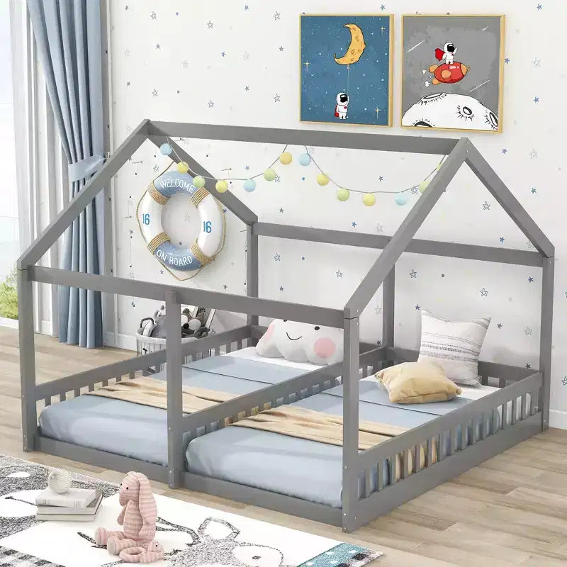Whisen Morden Design Twin Size Wooden House Platform Beds with 2 Shared Beds