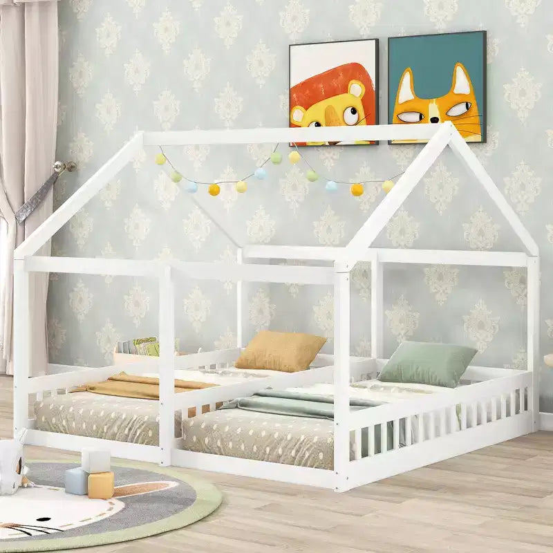 Whisen Morden Design Twin Size Wooden House Platform Beds with 2 Shared Beds