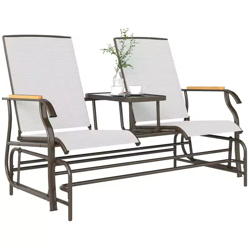 Outsunny Outdoor 2-Person Glider Bench with Table, Outside Breathable Mesh Swing Chair for Patio, Garden, Backyard, Porch