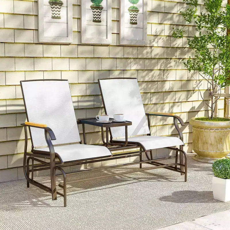 Outsunny Outdoor 2-Person Glider Bench with Table, Outside Breathable Mesh Swing Chair for Patio, Garden, Backyard, Porch