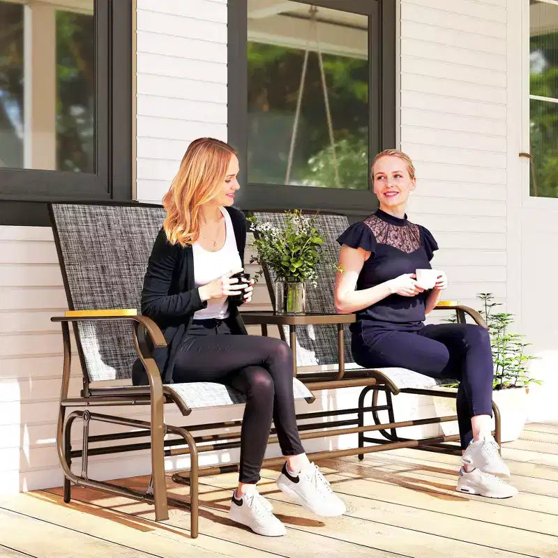 Outsunny Outdoor 2-Person Glider Bench with Table, Outside Breathable Mesh Swing Chair for Patio, Garden, Backyard, Porch