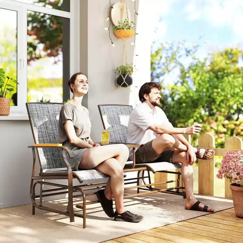 Outsunny Outdoor 2-Person Glider Bench with Table, Outside Breathable Mesh Swing Chair for Patio, Garden, Backyard, Porch