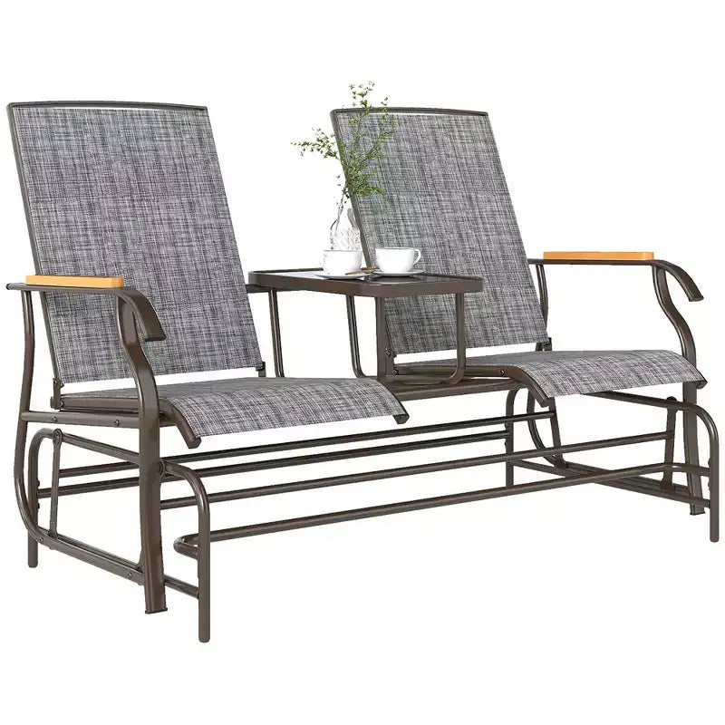 Outsunny Outdoor 2-Person Glider Bench with Table, Outside Breathable Mesh Swing Chair for Patio, Garden, Backyard, Porch