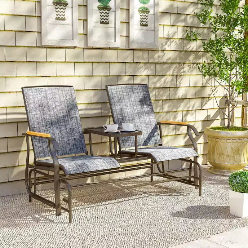 Outsunny Outdoor 2-Person Glider Bench with Table, Outside Breathable Mesh Swing Chair for Patio, Garden, Backyard, Porch