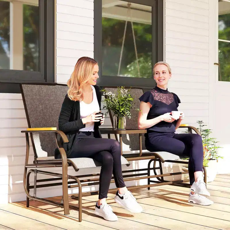 Outsunny Outdoor 2-Person Glider Bench with Table, Outside Breathable Mesh Swing Chair for Patio, Garden, Backyard, Porch