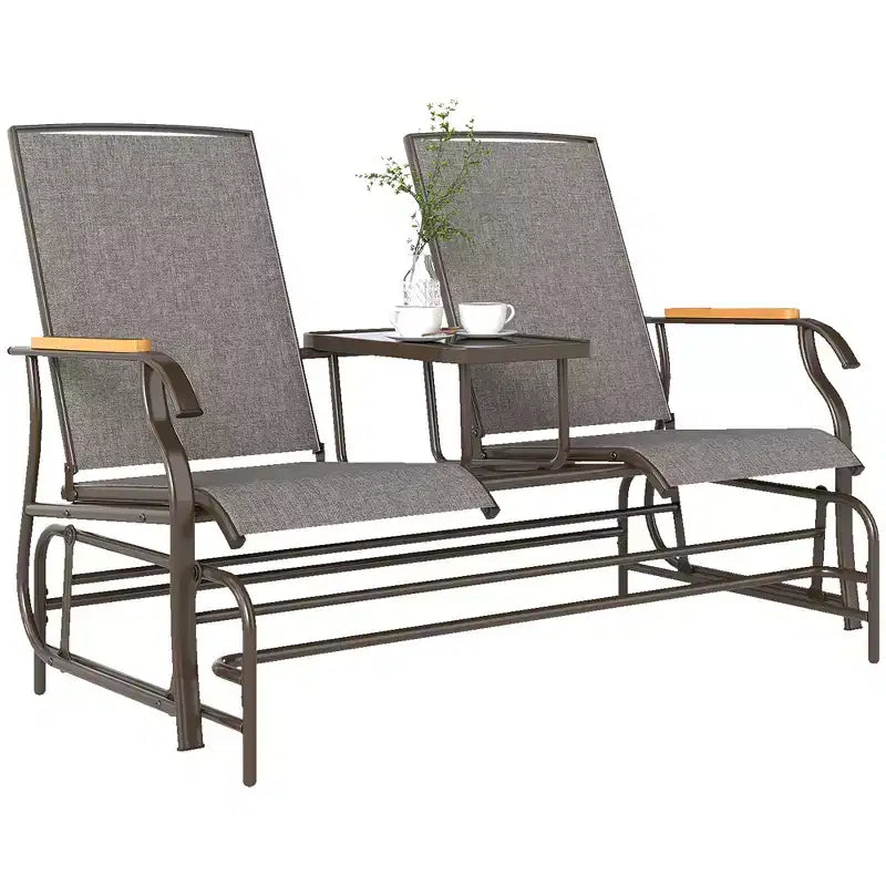 Outsunny Outdoor 2-Person Glider Bench with Table, Outside Breathable Mesh Swing Chair for Patio, Garden, Backyard, Porch