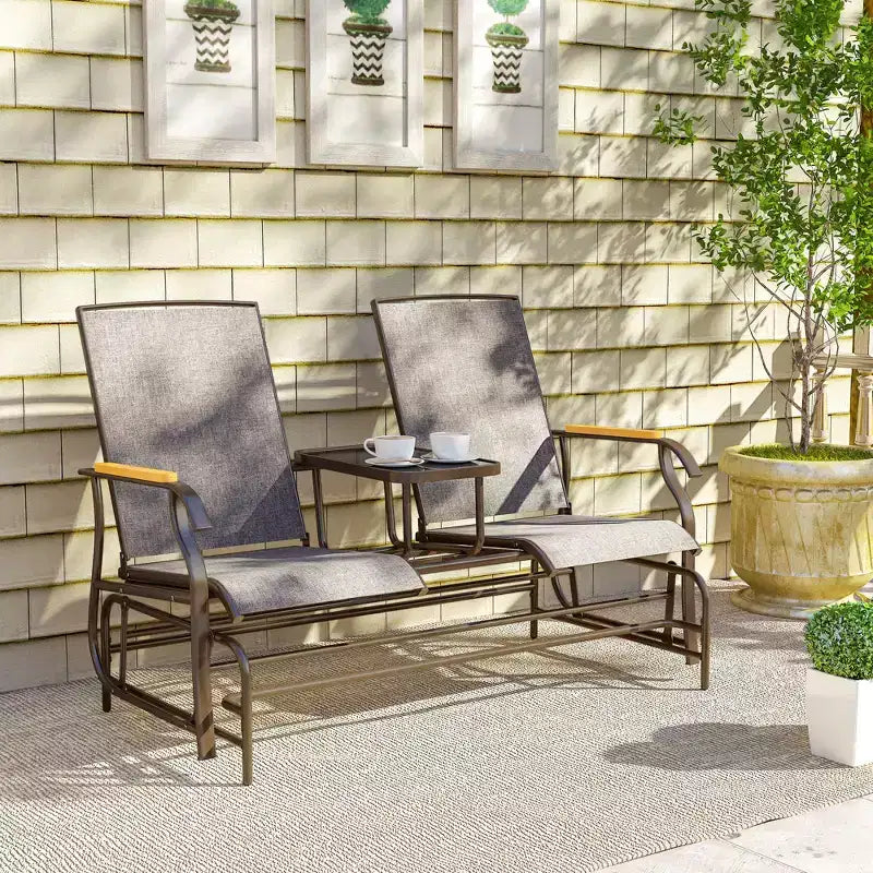 Outsunny Outdoor 2-Person Glider Bench with Table, Outside Breathable Mesh Swing Chair for Patio, Garden, Backyard, Porch