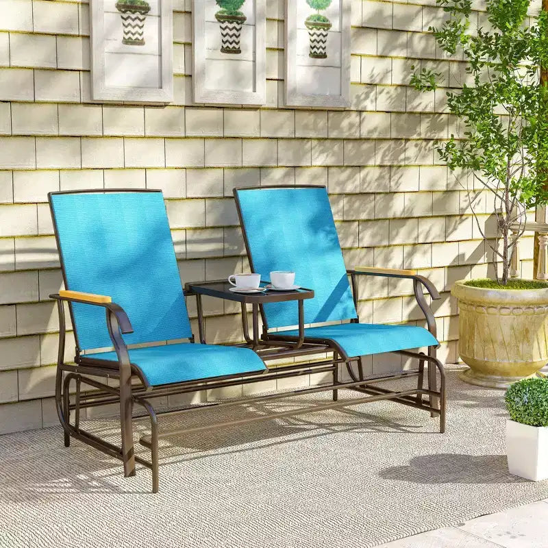Outsunny Outdoor 2-Person Glider Bench with Table, Outside Breathable Mesh Swing Chair for Patio, Garden, Backyard, Porch