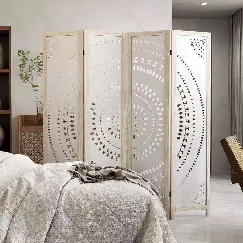 Costway 66 Divisorio per ambienti a 4 pannelli Boho con motivo intagliato e struttura in legno massello Cerniere a 360°
