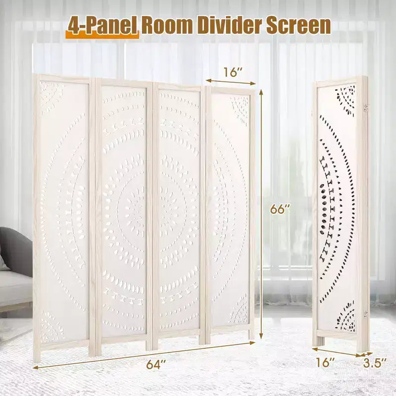Costway 66 Divisorio per ambienti a 4 pannelli Boho con motivo intagliato e struttura in legno massello Cerniere a 360°