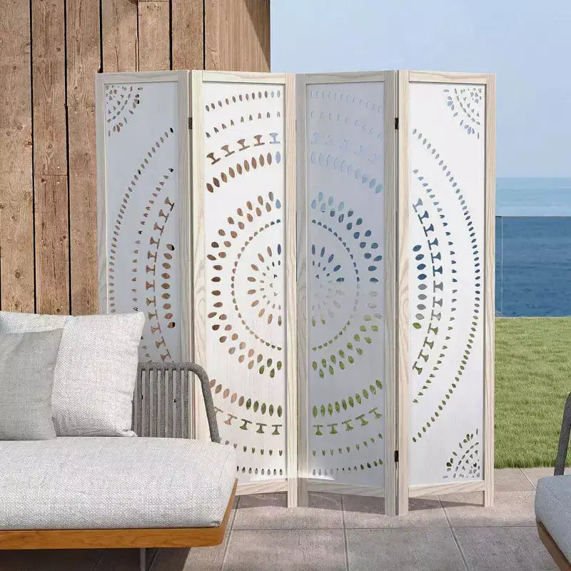 Costway 66 Divisorio per ambienti a 4 pannelli Boho con motivo intagliato e struttura in legno massello Cerniere a 360°