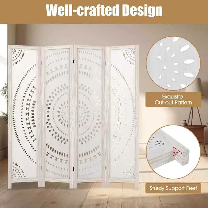 Costway 66 Divisorio per ambienti a 4 pannelli Boho con motivo intagliato e struttura in legno massello Cerniere a 360°