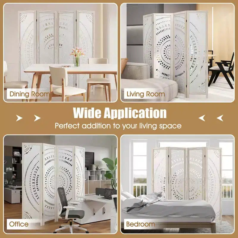 Costway 66 Divisorio per ambienti a 4 pannelli Boho con motivo intagliato e struttura in legno massello Cerniere a 360°
