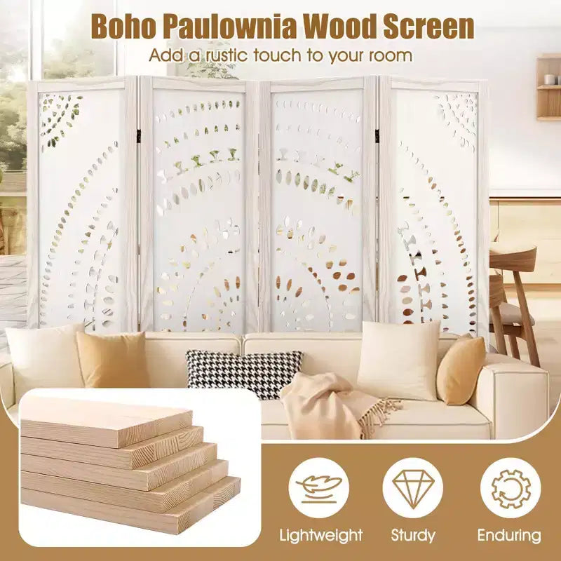 Costway 66 Divisorio per ambienti a 4 pannelli Boho con motivo intagliato e struttura in legno massello Cerniere a 360°