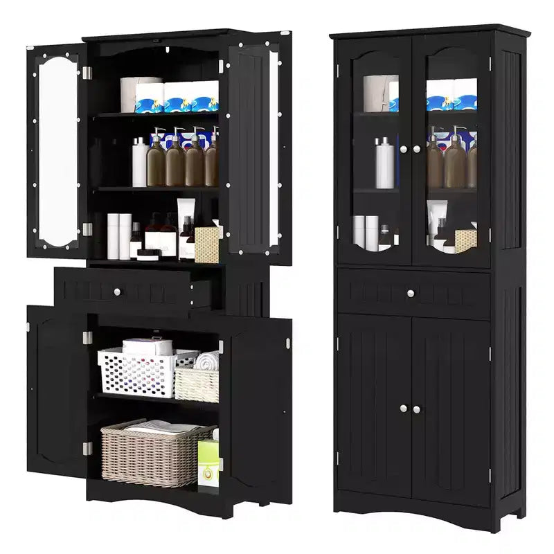 Costway Mobile da Bagno Alto 63" con Ante in Vetro Temperato, Ripiani Regolabili e Ampio Cassetto, Bianco/Nero