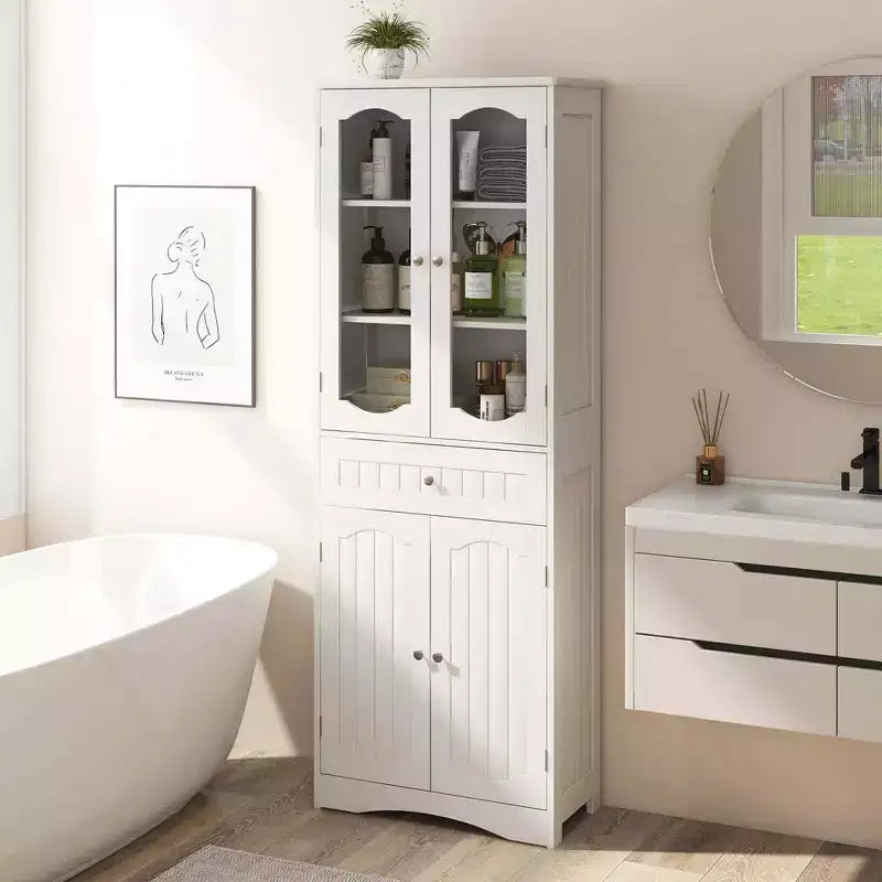 Costway Mobile da Bagno Alto 63" con Ante in Vetro Temperato, Ripiani Regolabili e Ampio Cassetto, Bianco/Nero