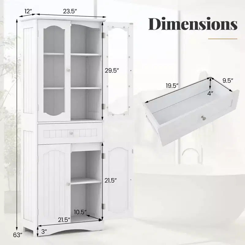 Costway Mobile da Bagno Alto 63" con Ante in Vetro Temperato, Ripiani Regolabili e Ampio Cassetto, Bianco/Nero