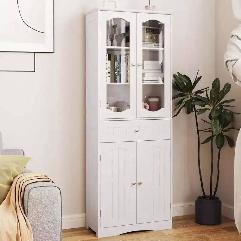 Costway Mobile da Bagno Alto 63" con Ante in Vetro Temperato, Ripiani Regolabili e Ampio Cassetto, Bianco/Nero
