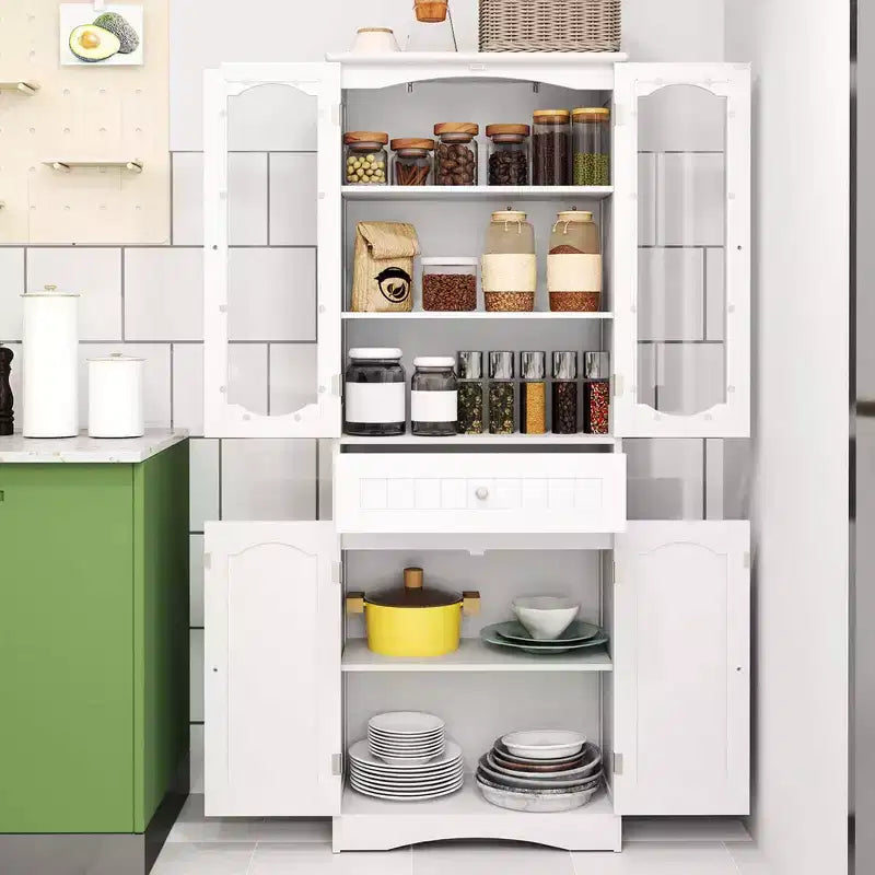 Costway Mobile da Bagno Alto 63" con Ante in Vetro Temperato, Ripiani Regolabili e Ampio Cassetto, Bianco/Nero