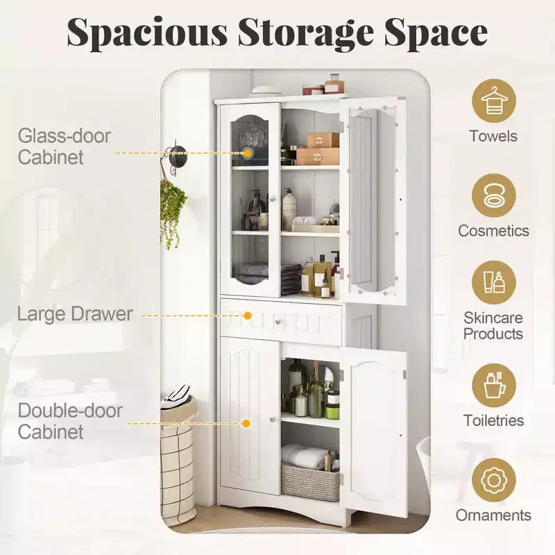 Costway Mobile da Bagno Alto 63" con Ante in Vetro Temperato, Ripiani Regolabili e Ampio Cassetto, Bianco/Nero