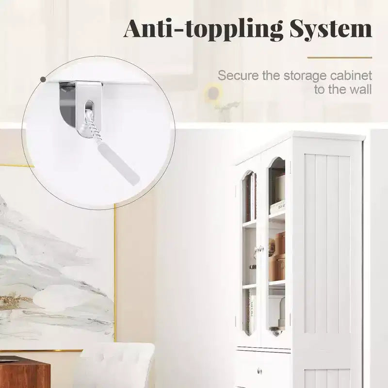Costway Mobile da Bagno Alto 63" con Ante in Vetro Temperato, Ripiani Regolabili e Ampio Cassetto, Bianco/Nero
