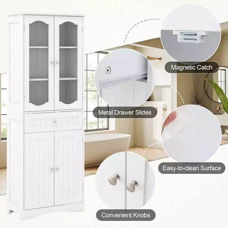 Costway Mobile da Bagno Alto 63" con Ante in Vetro Temperato, Ripiani Regolabili e Ampio Cassetto, Bianco/Nero