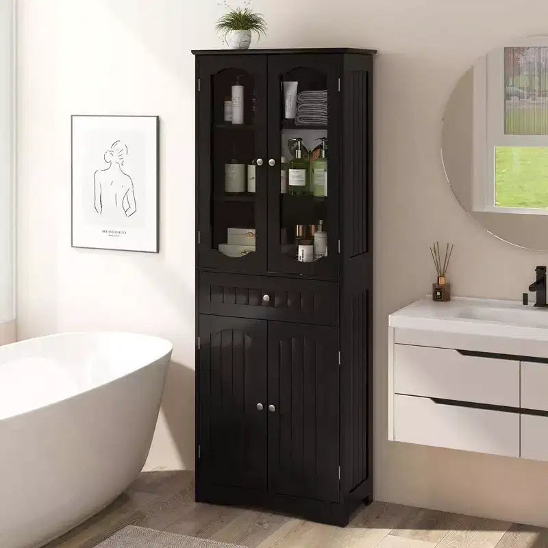 Costway Mobile da Bagno Alto 63" con Ante in Vetro Temperato, Ripiani Regolabili e Ampio Cassetto, Bianco/Nero
