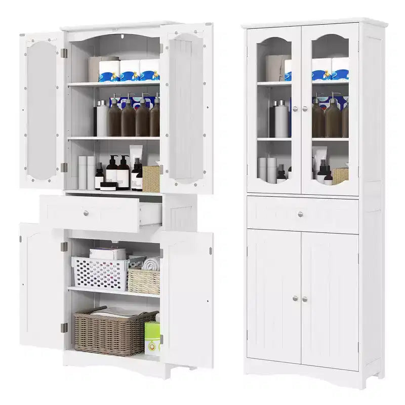 Costway Mobile da Bagno Alto 63" con Ante in Vetro Temperato, Ripiani Regolabili e Ampio Cassetto, Bianco/Nero