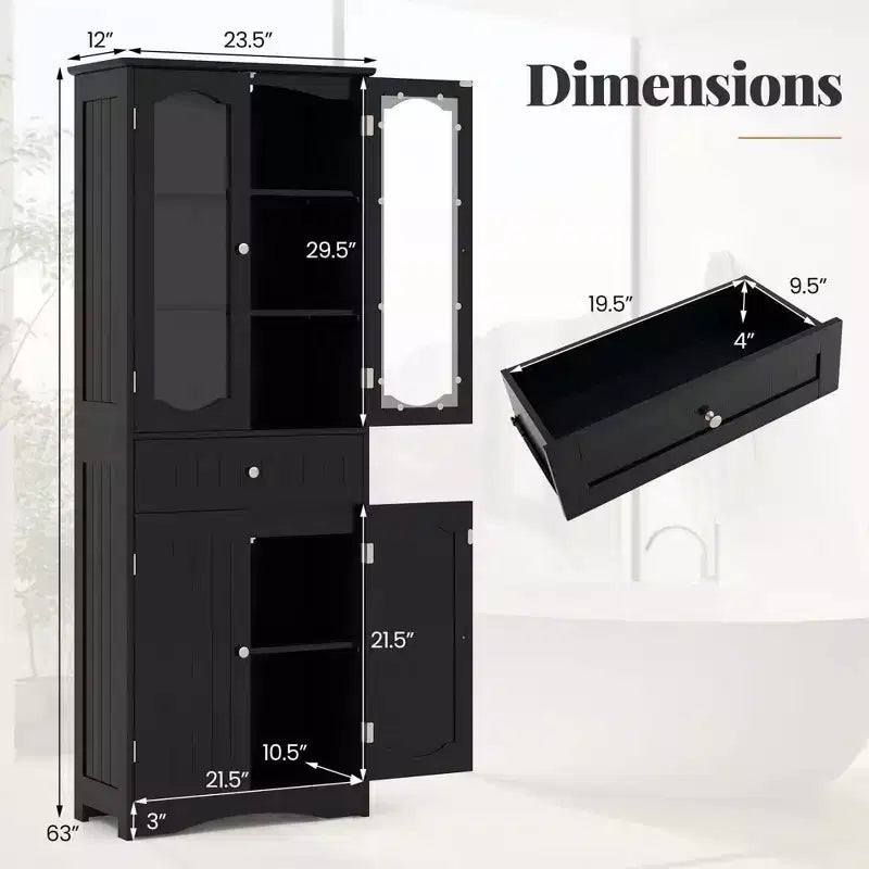 Costway Mobile da Bagno Alto 63" con Ante in Vetro Temperato, Ripiani Regolabili e Ampio Cassetto, Bianco/Nero