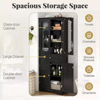 Costway Mobile da Bagno Alto 63" con Ante in Vetro Temperato, Ripiani Regolabili e Ampio Cassetto, Bianco/Nero