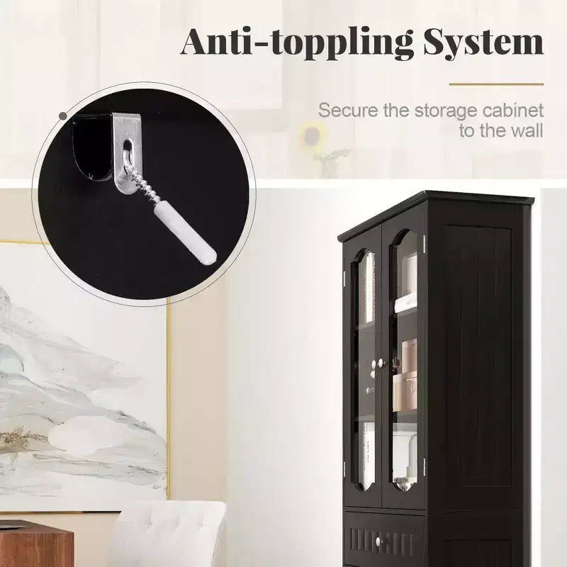 Costway Mobile da Bagno Alto 63" con Ante in Vetro Temperato, Ripiani Regolabili e Ampio Cassetto, Bianco/Nero