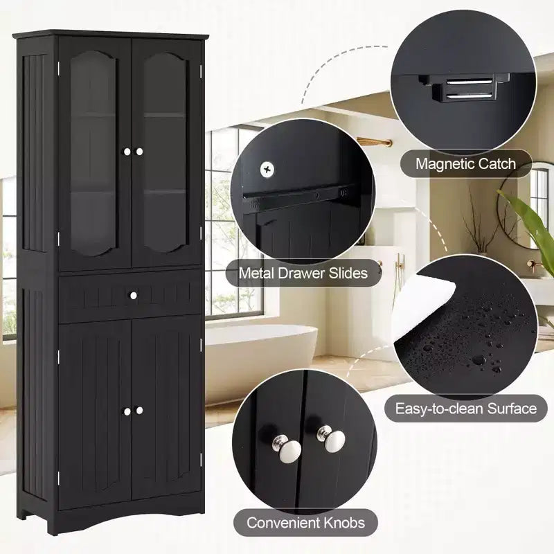 Costway Mobile da Bagno Alto 63" con Ante in Vetro Temperato, Ripiani Regolabili e Ampio Cassetto, Bianco/Nero
