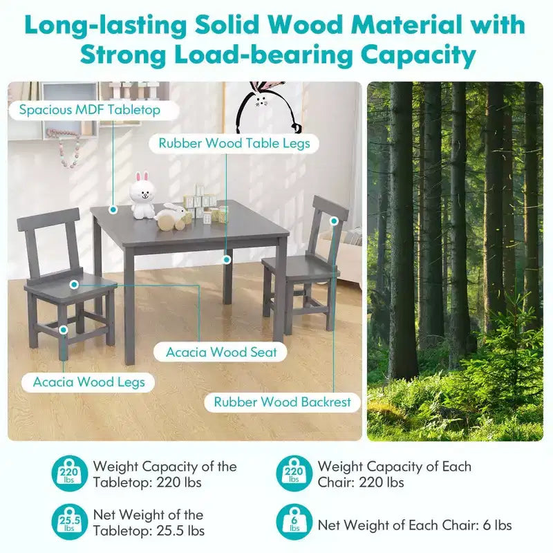 Costway Wooden Kids Table and 2 Chairs Set with Rubber Wood Legs Anti-slip Foot Pads White/Gray