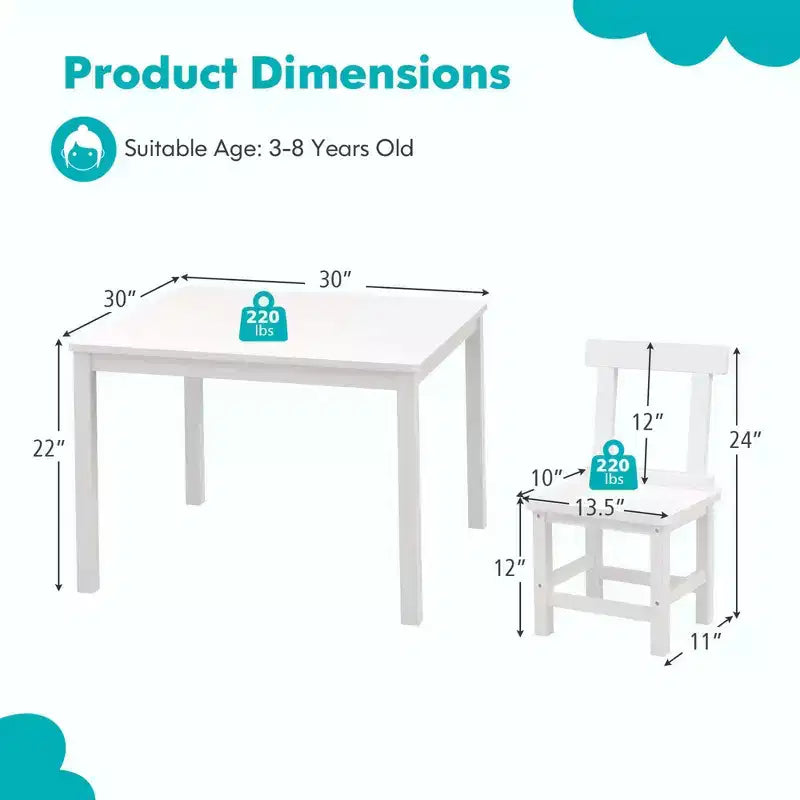 Costway Wooden Kids Table and 2 Chairs Set with Rubber Wood Legs Anti-slip Foot Pads White/Gray