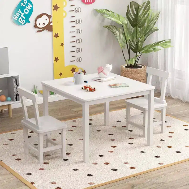 Costway Wooden Kids Table and 2 Chairs Set with Rubber Wood Legs Anti-slip Foot Pads White/Gray